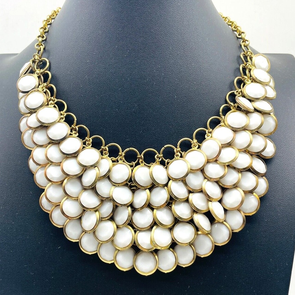 White Beaded Bib Necklace Gold Tone Layered Glam Holiday Party
